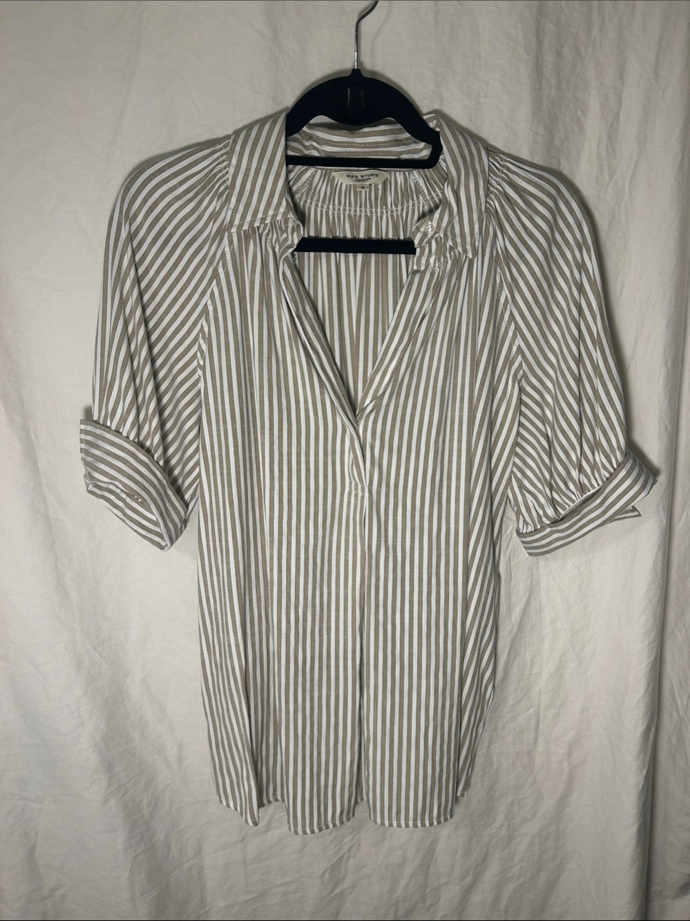 Max Studio Striped Roll-Sleeve V-Neck Women’s Top - White & Taupe - M